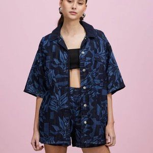 Women Blue Floral Long Sleeve Cotton Shirt Top & Denim Short Set Size 8